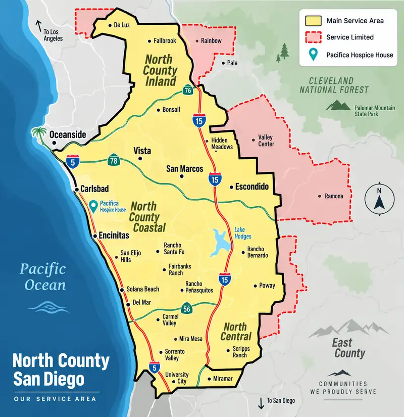 Map of the Hospice of the North Coast service area in North County San Diego, showing the main service area, limited service area and Pacifica Hospice House